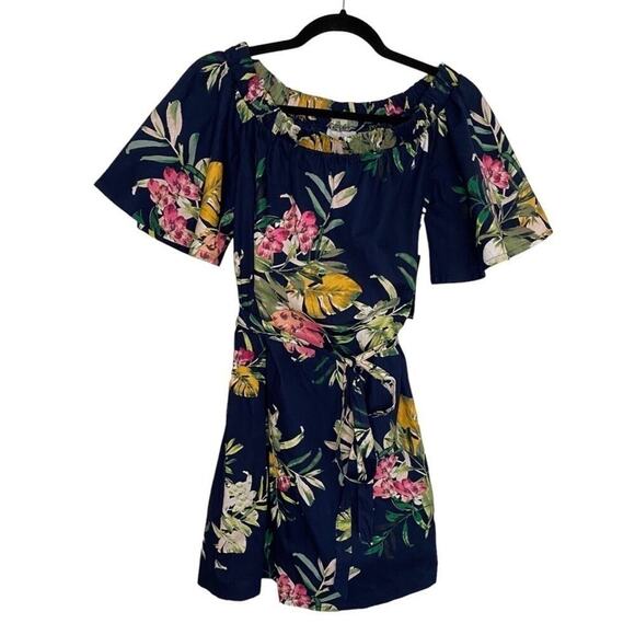 New York & Company Navy Floral Off the Shoulder Trapeze Shift Mini Dress Belted - Picture 2 of 5